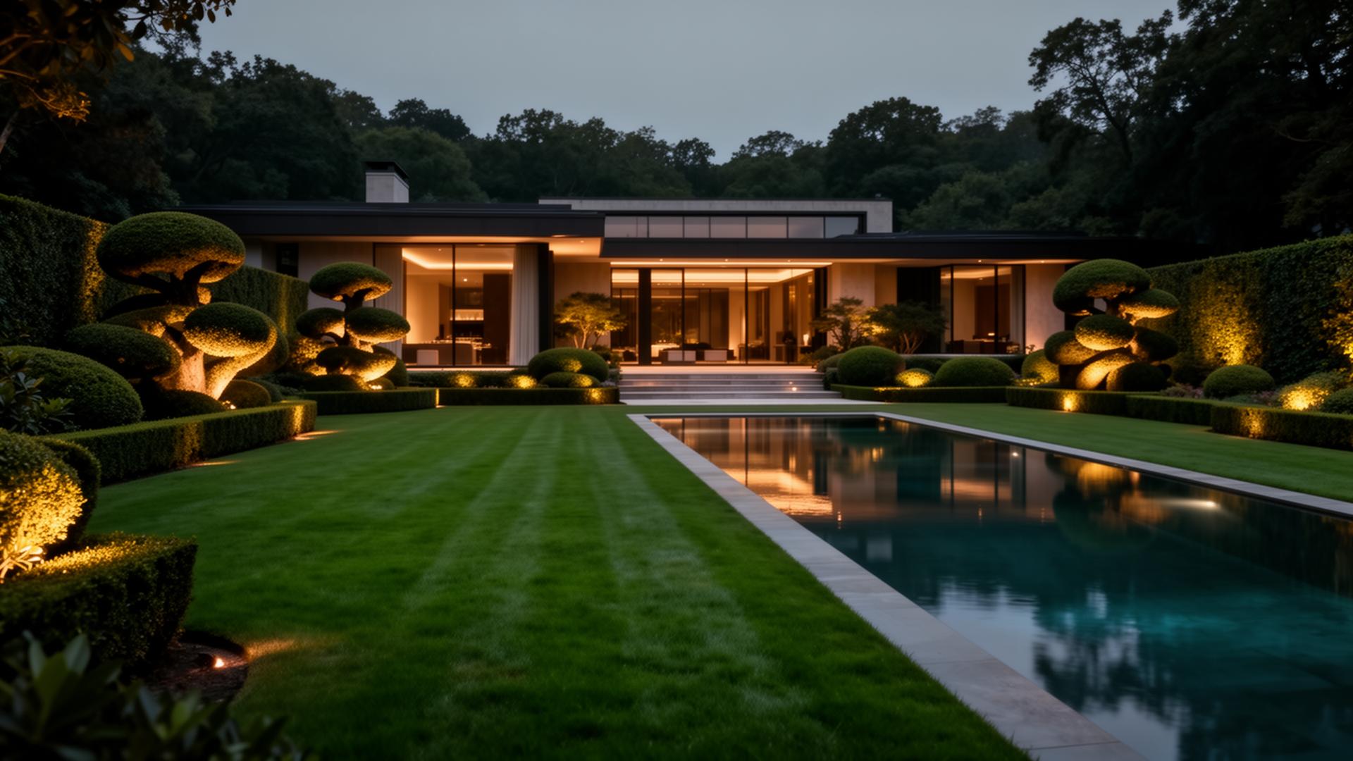 Luxury estate landscape at dusk